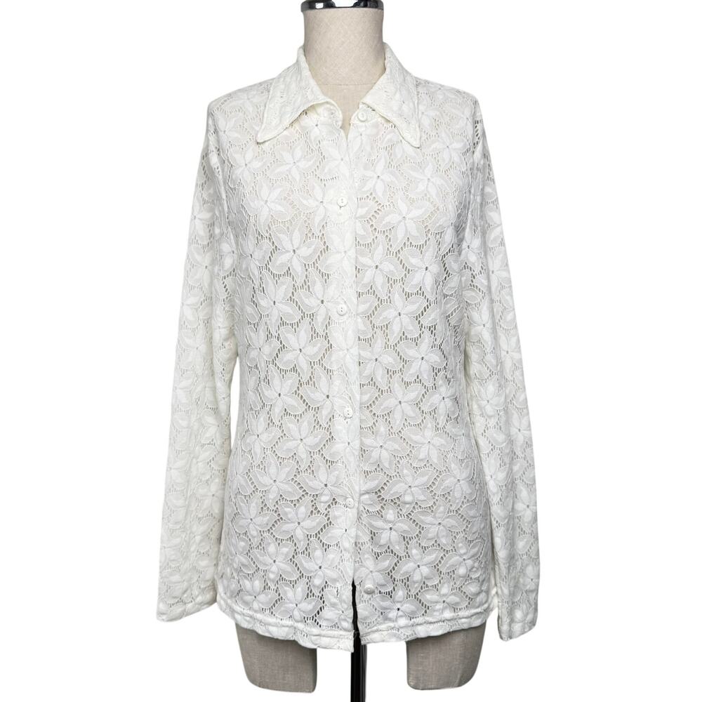 White Stretch Lace Button Front Blouse Top Y2K Romantic Size L Cool Wear USA